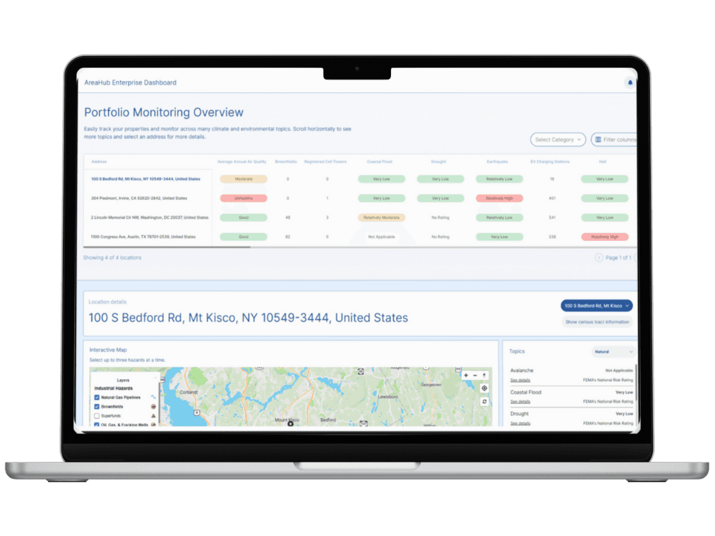 Mockup of AreaHub Enterprise showcasing environmental risk reporting and climate risk intelligence portfolio monitoring features.