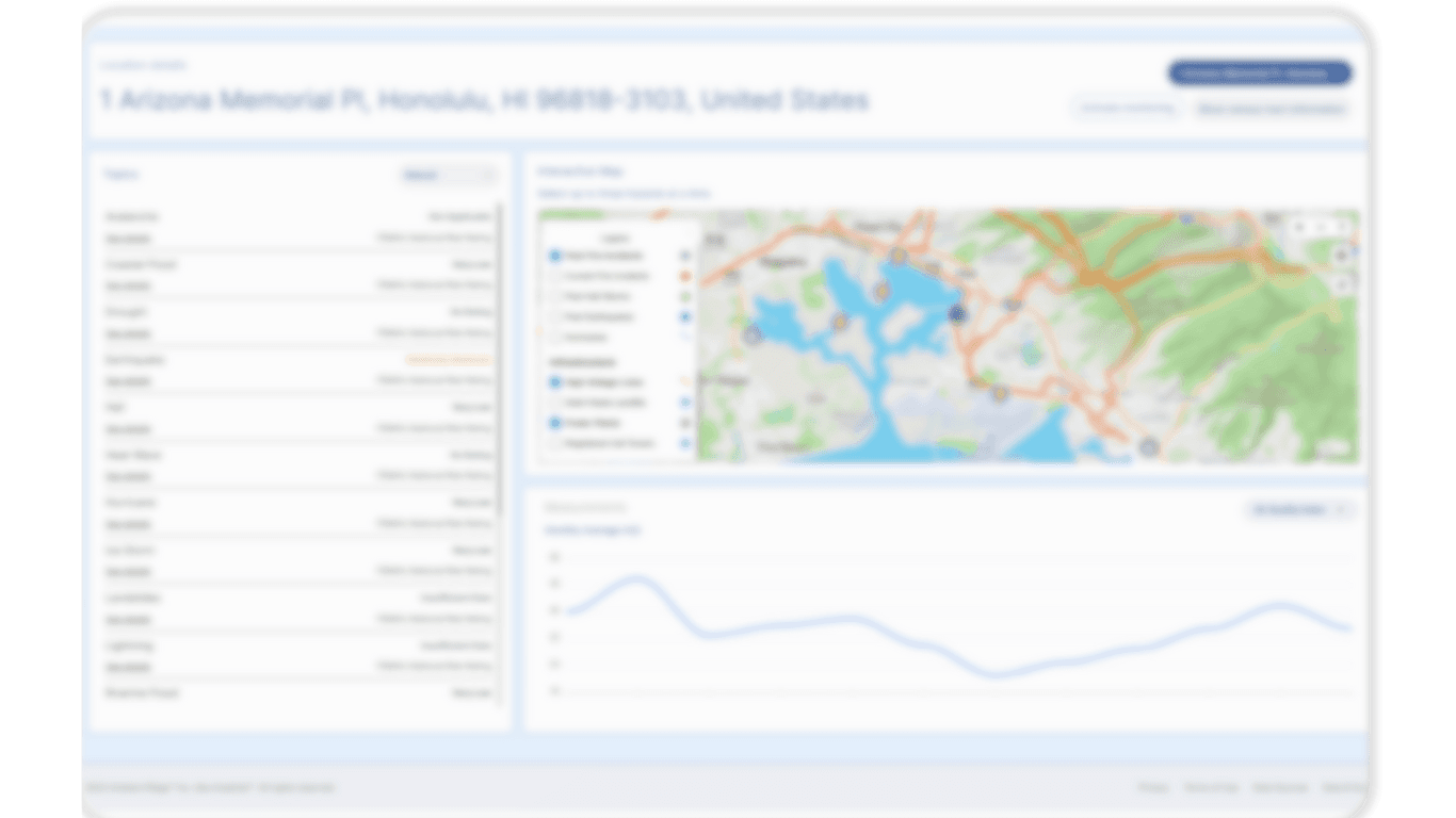 Map displaying AreaHub Enterprise Climate Analytics & Environmental Risk Intelligence for a specific address.